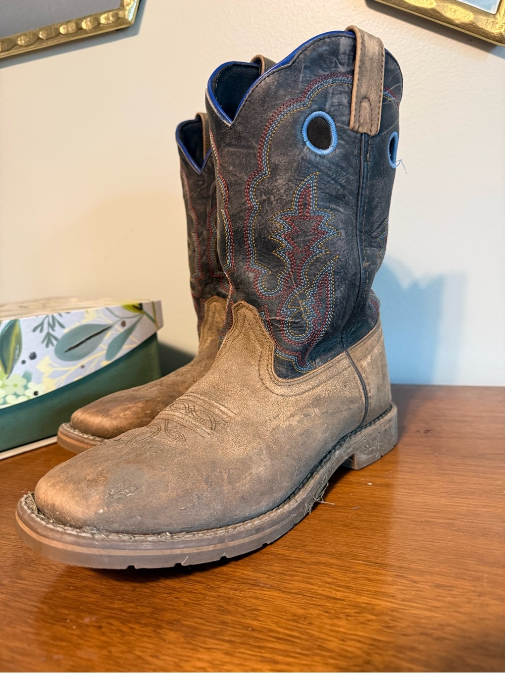 Boys’ Brown and Black Western Work Boots with Embroidered Shaft
